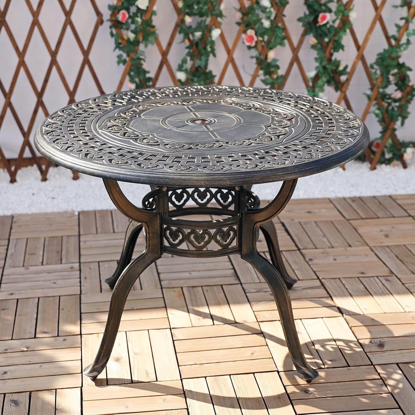 VIVIJASON Large Patio Dining Table, Outdoor Oval Dining Table Fits for 6-8 Person, Bronze Cast Aluminum Rustic Patio Table with Umbrella Hole for Balcony, Porch and Deck