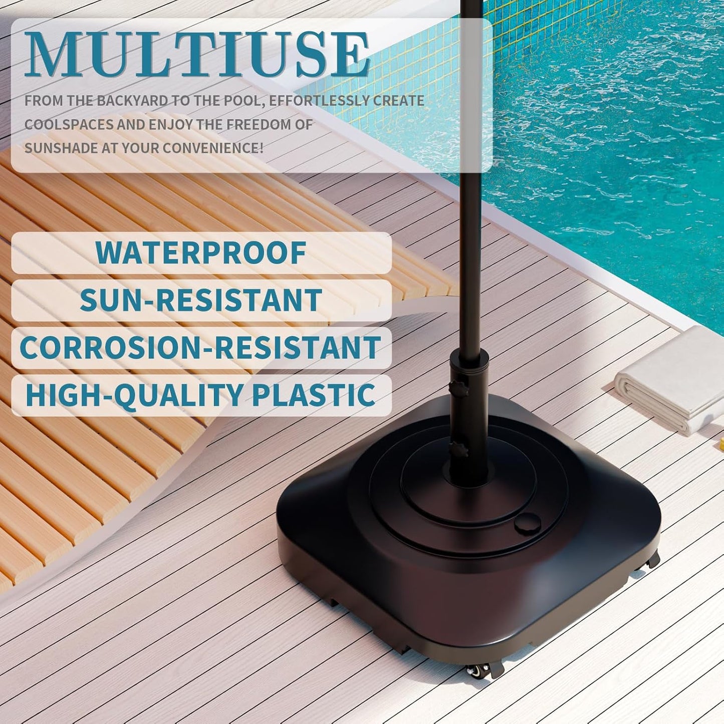 Patio Umbrella Base,Heavy Duty Umbrella Stand with 5 Wheels, Max 135lb Fillable Umbrella Holder Wind-Resistant, Mobile Square Market Stand for Outdoor, Deck, Poolside, Lawn, Fits Most Sized Umbrellas