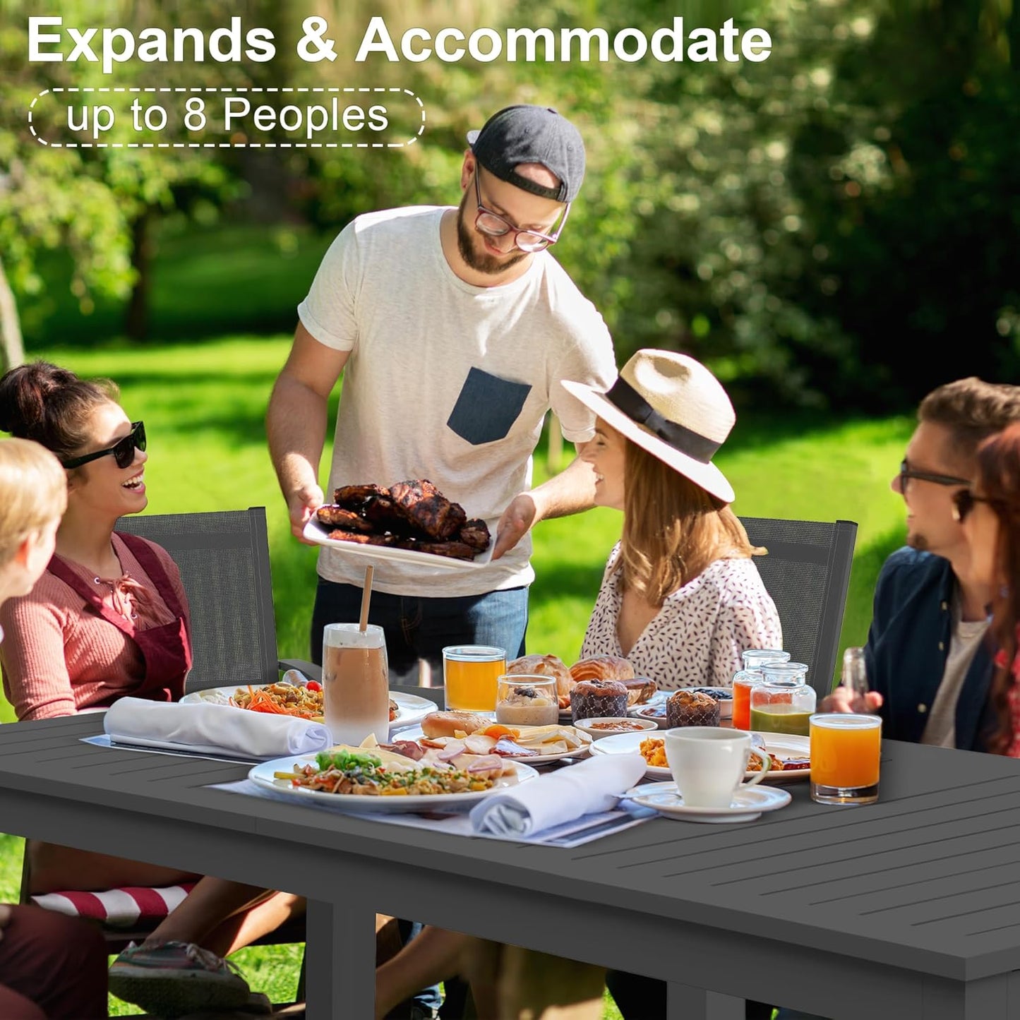 RoyalCraft Patio Expandable Table Dining Set for 4 to 10, Aluminum Outdoor Dining Table, Rectangular Patio Metal Table with Umbrella Hole for Backyard Porch, Deck ? Garden, Easy Assembly, Dark Grey