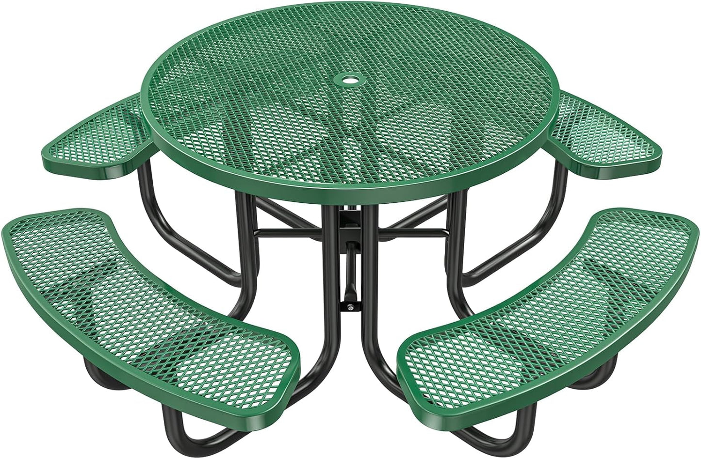 47'' Heavy Duty Picnic Round Table with Umbrella Hole, Expanded Meta Outdoor Metal Patio Dining Table Park Bench Set, Steel Mesh Outdoor Patio Furniture for Garden, Lawn, Patio, Porch, Park, Yard