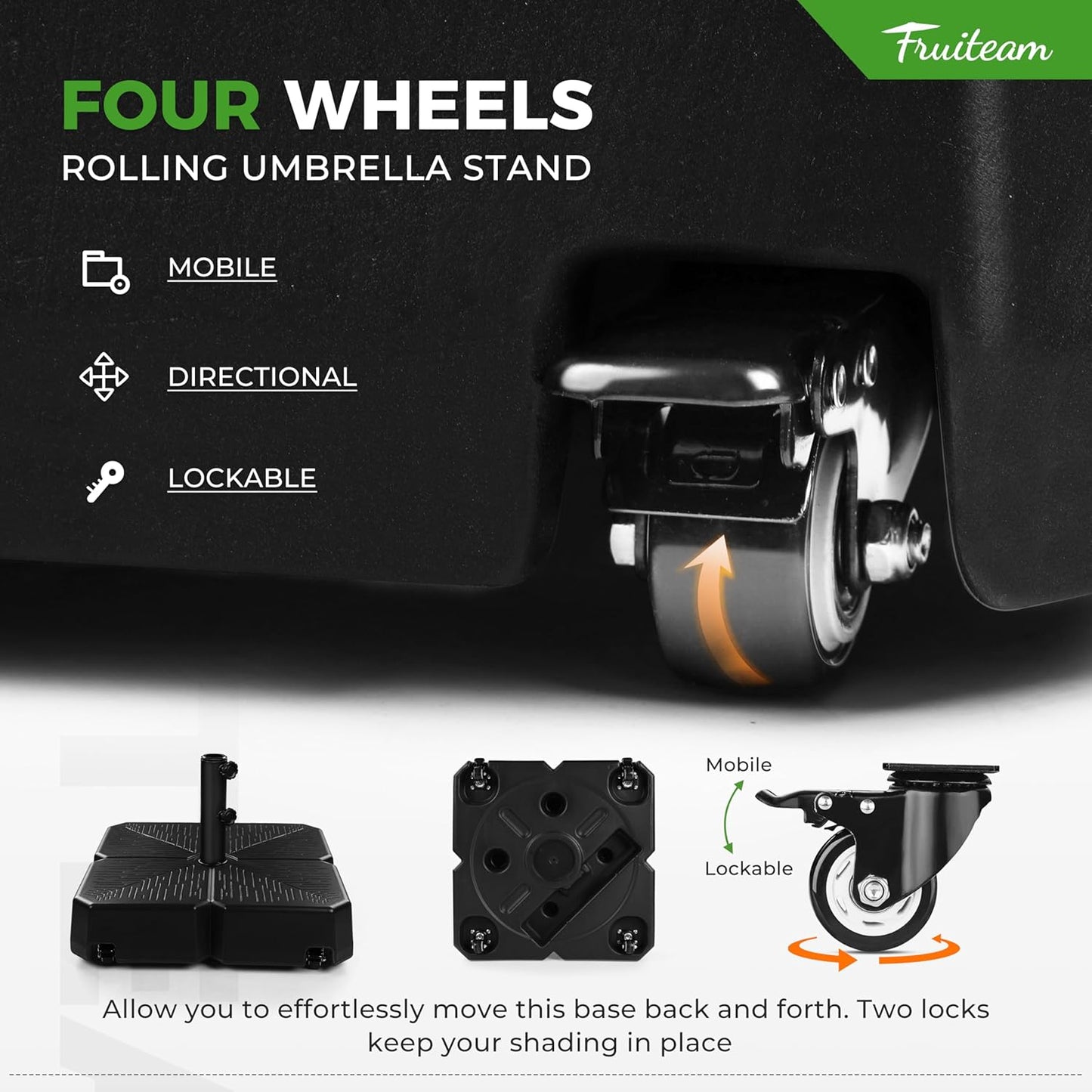 FRUITEAM 110lb Capacity Fillable Portable Umbrella Base with Wheels,Patio Umbrella Base Water & Sand Filled Umbrella Stand for Garden,Outdoor,Deck w/2 Locks,2Knobs