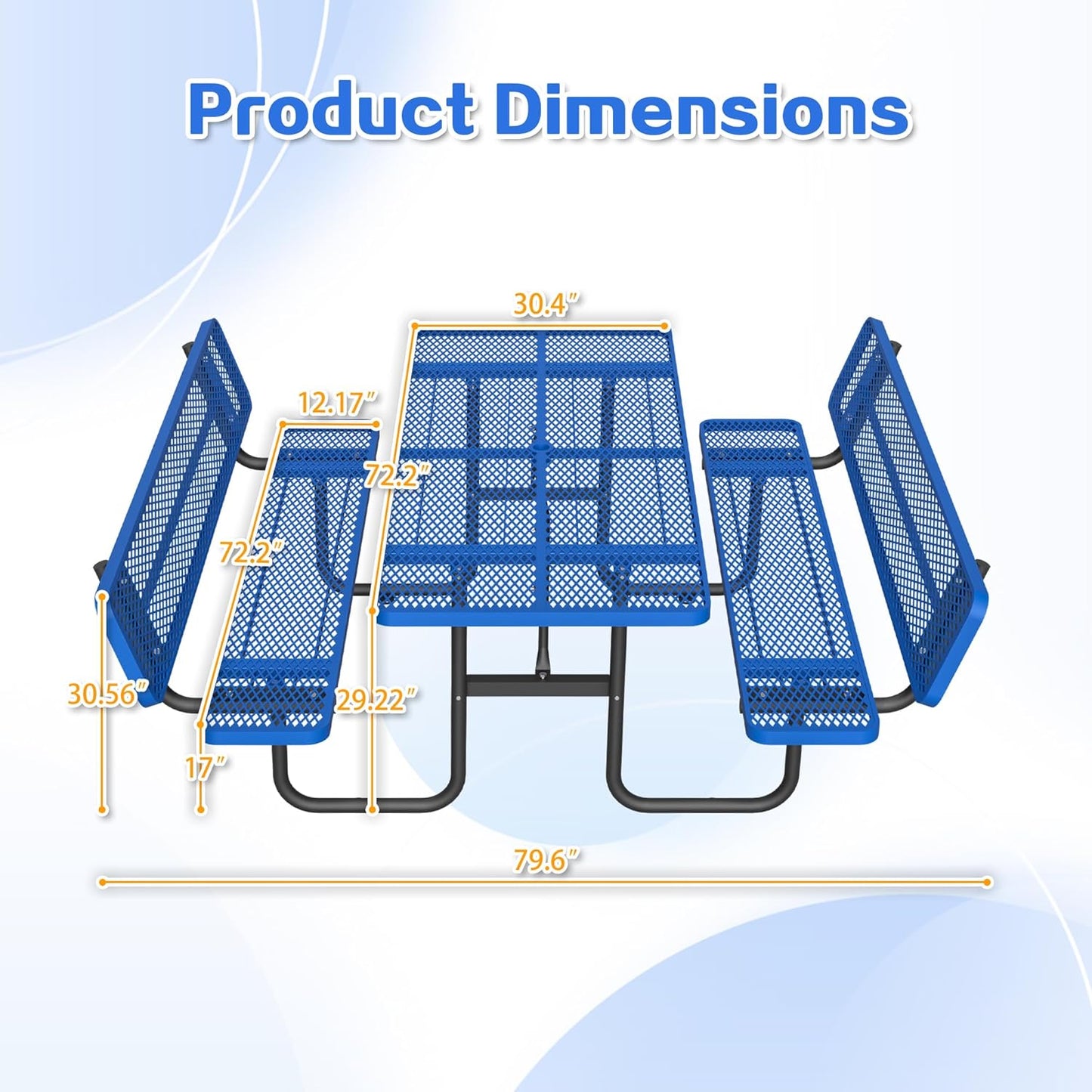 72" Outdoor Expanded Metal Picnic Table with Backrest, Heavy Duty Rectangular Patio Table with Umbrella Hole for BBQ Lawn Park Backyard Garden Commercial, Thermoplastic Coating, Blue