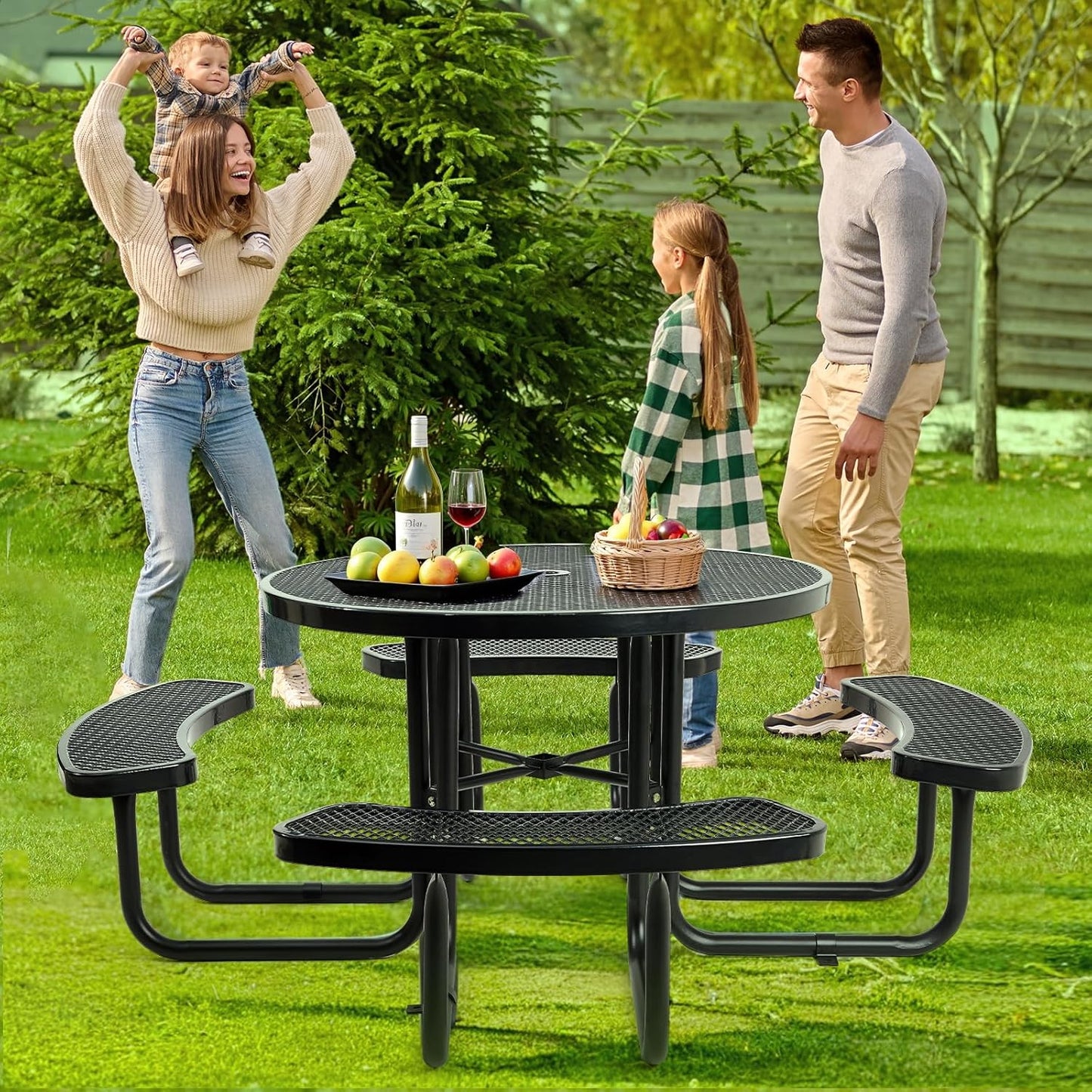 47'' Heavy Duty Picnic Round Table with Umbrella Hole, Expanded Meta Outdoor Metal Patio Dining Table Park Bench Set, Steel Mesh Outdoor Patio Furniture for Garden, Lawn, Patio, Porch, Park, Yard
