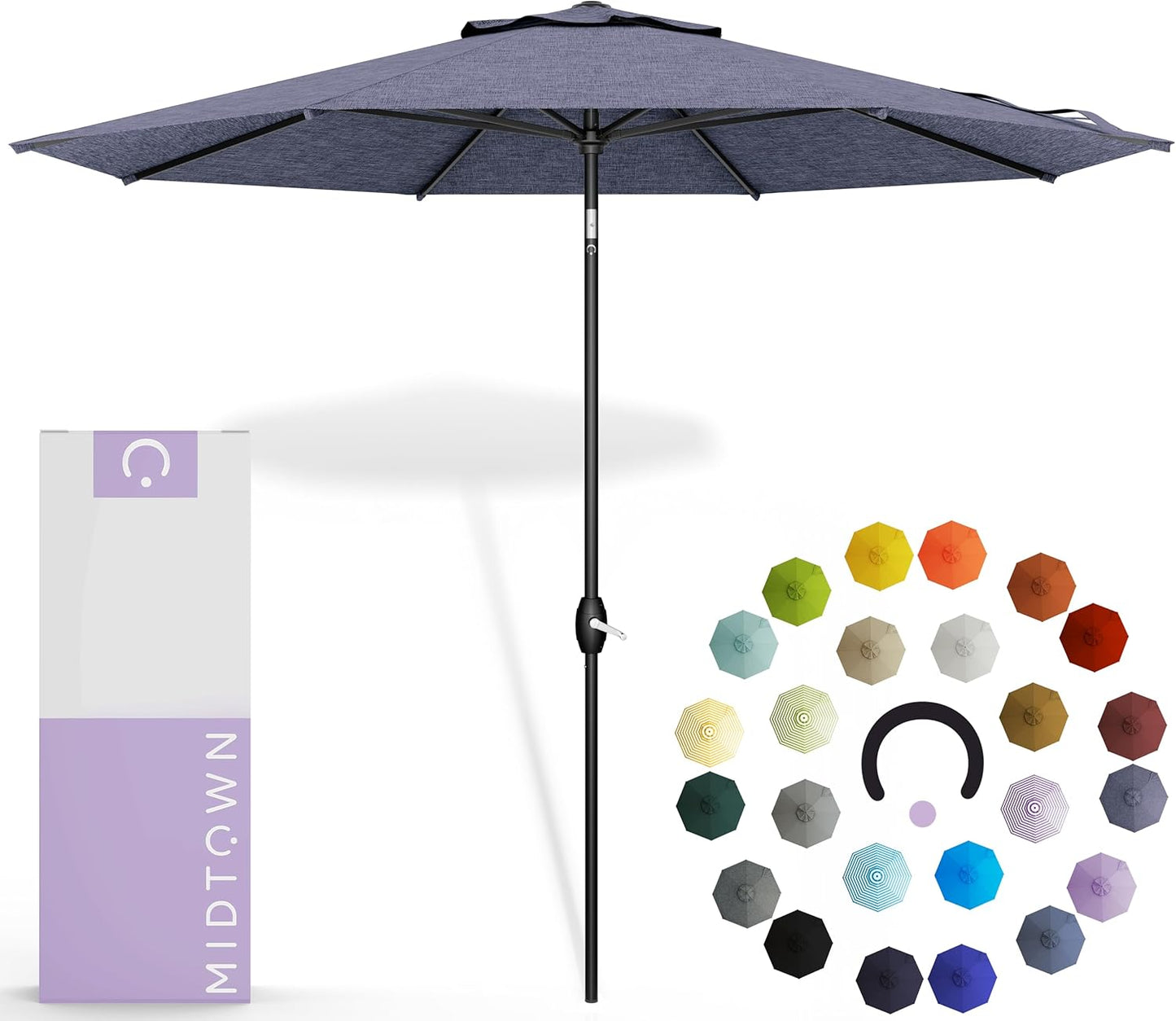 Midtown Umbrellas 10-Year-No-Fade - 9 Ft - UV Proof Navy Blue Polyester Fabric - Umbrella Outdoor Patio, Auto-Tilt Aluminum Frame Patio Umbrella for Garden, Pool & Deck - Black Pole