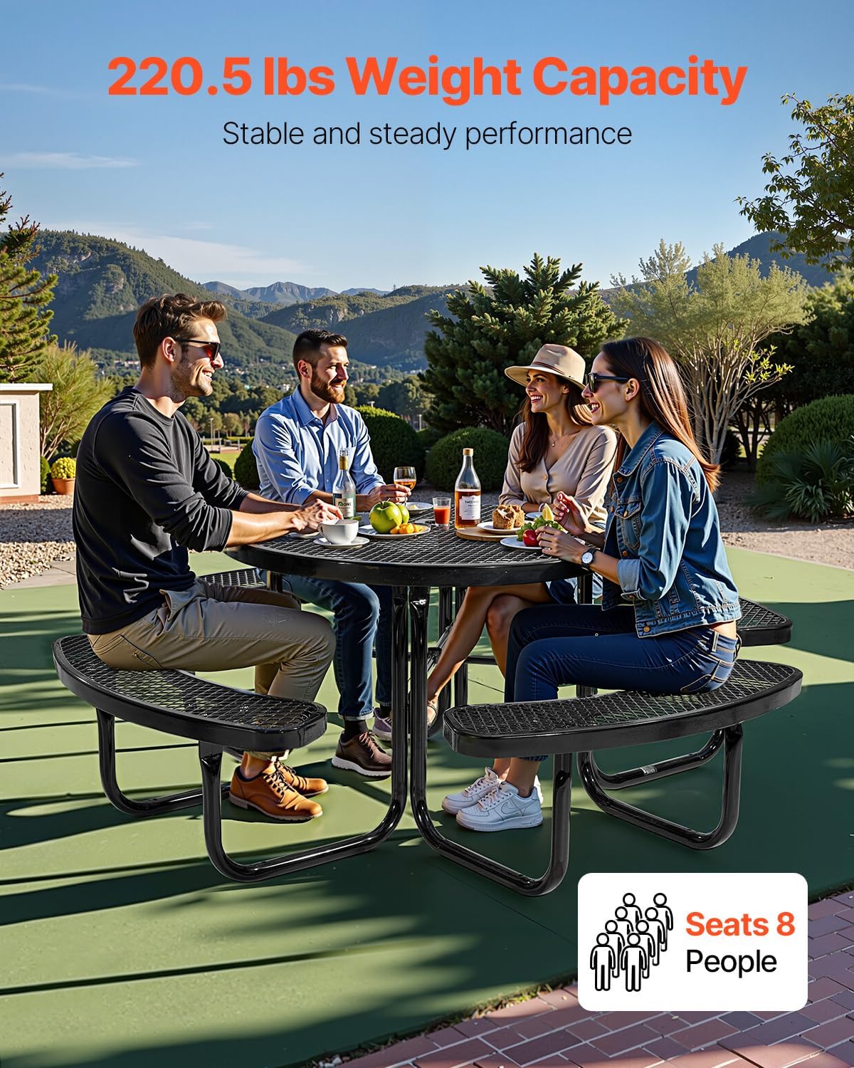 VEVOR Heavy-Duty Picnic Table, Outdoor Furniture Weather Resistant Patio Dining Set, Coated Steel Tables with Umbrella Hole, 46" Round Table and Bench Set, for Garden, Backyard, Porch (Black)