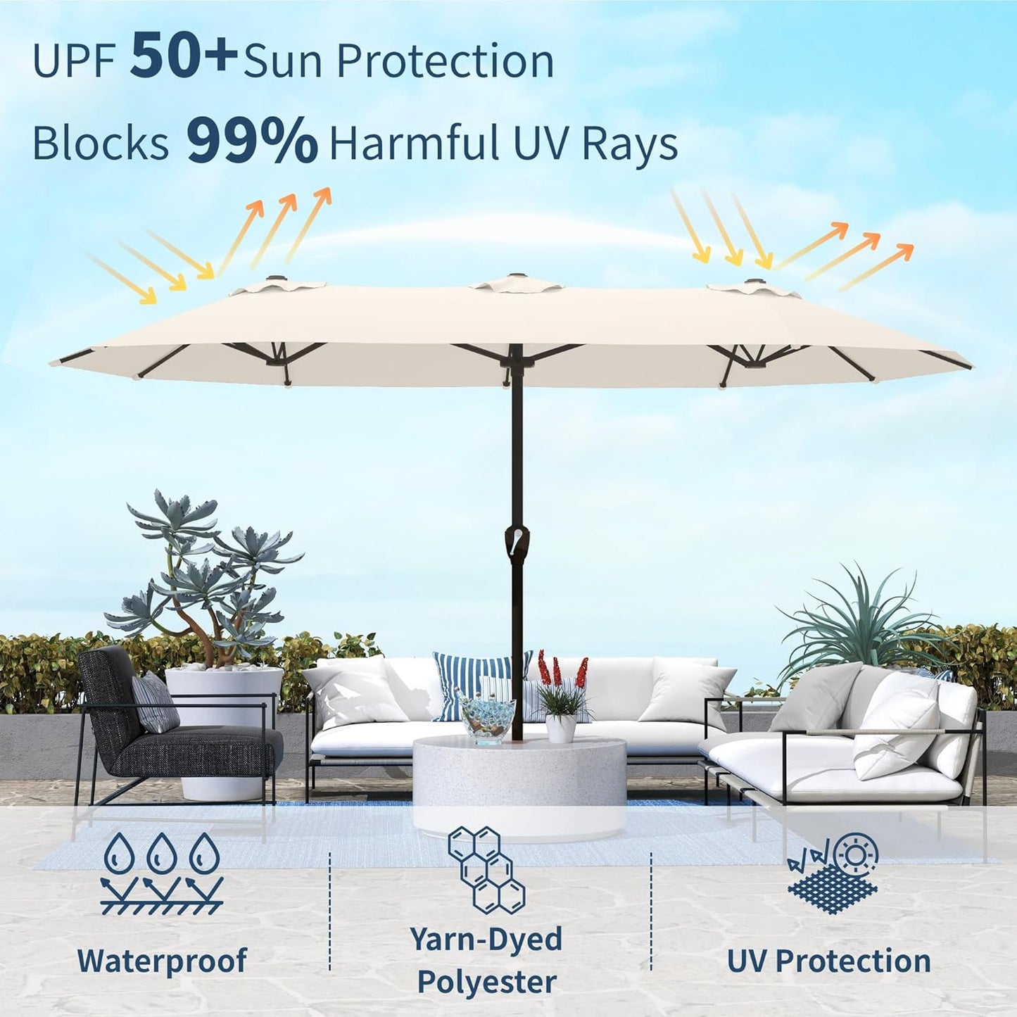 15FT Double Sided Patio Umbrella with Base Included Large Outdoor Market Umbrella with Crank Handle, UV Resistant Canopy, Sturdy Frame for Garden, Poolside, Deck, Creamy White