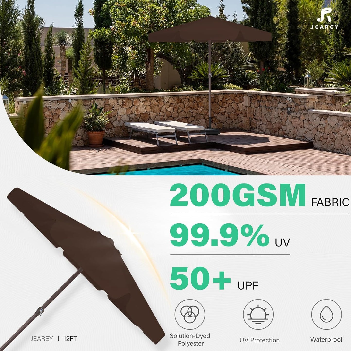 JEAREY 12' Patio Umbrellas Outdoor Table Market Umbrella w/Crank, 8 Sturdy Ribs, UV Protection Waterproof Sunproof(Brown)