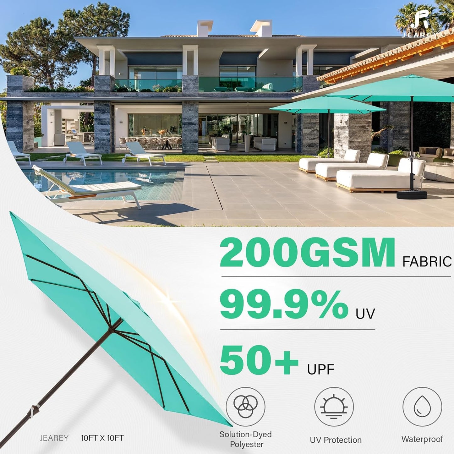 JEAREY 10x10 ft Square Patio Umbrellas Outdoor Table Market Umbrella w/Crank, 8 Sturdy Ribs, UV Protection Waterproof Sunproof(Teal Blue)