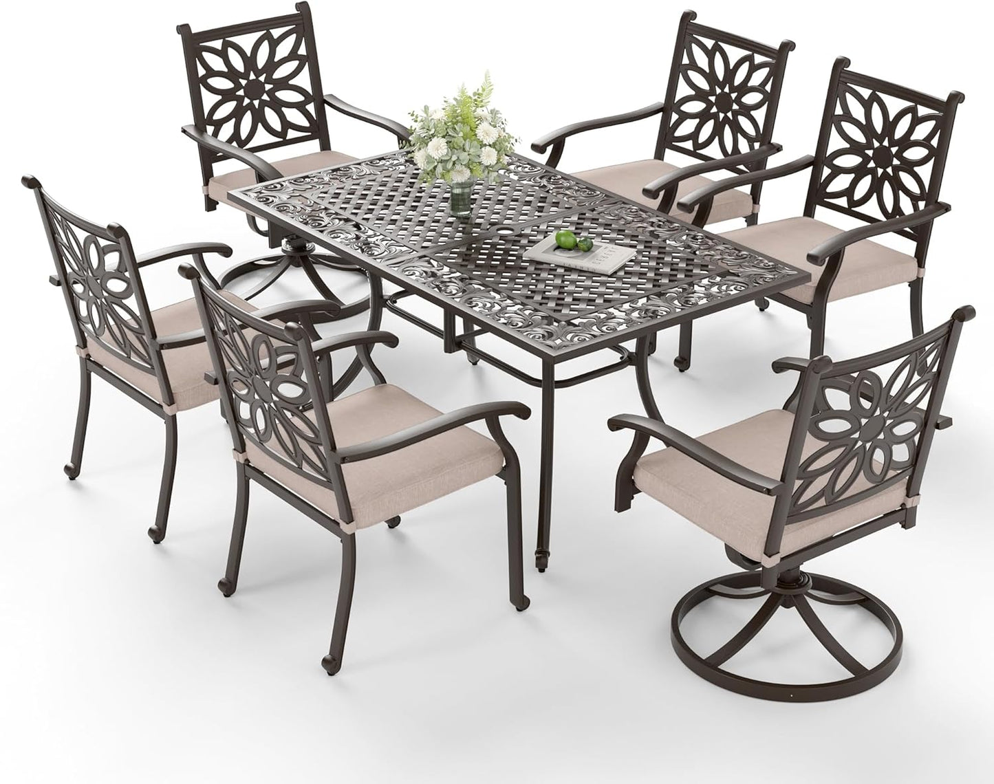 Sophia & William Outdoor Dining Table 6-Person Round Cast Aluminium, Patio Bistro Table with 2.2" Umbrella Hole for Porch Backyard, Bronze