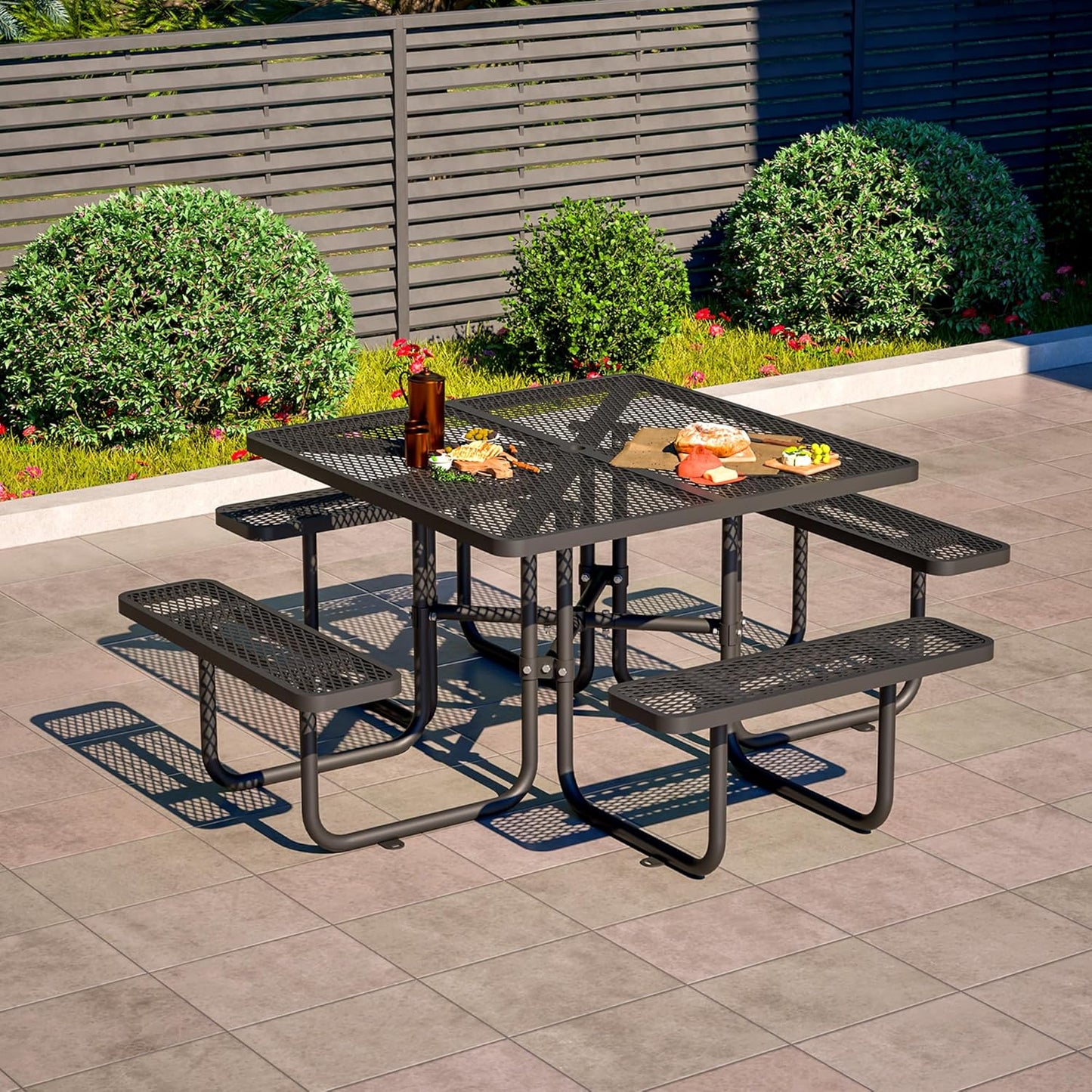 72" Picnic Table for Outdoors, Metal Picnic Table with 2 Built-in Benches, 1 Umbrella Pole, Heavy-Duty Structure for Patio, Garden, Courtyard and BBQ, Blue