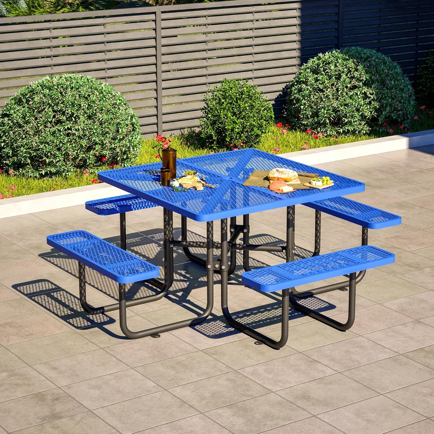 72" Picnic Table for Outdoors, Metal Picnic Table with 2 Built-in Benches, 1 Umbrella Pole, Heavy-Duty Structure for Patio, Garden, Courtyard and BBQ, Blue