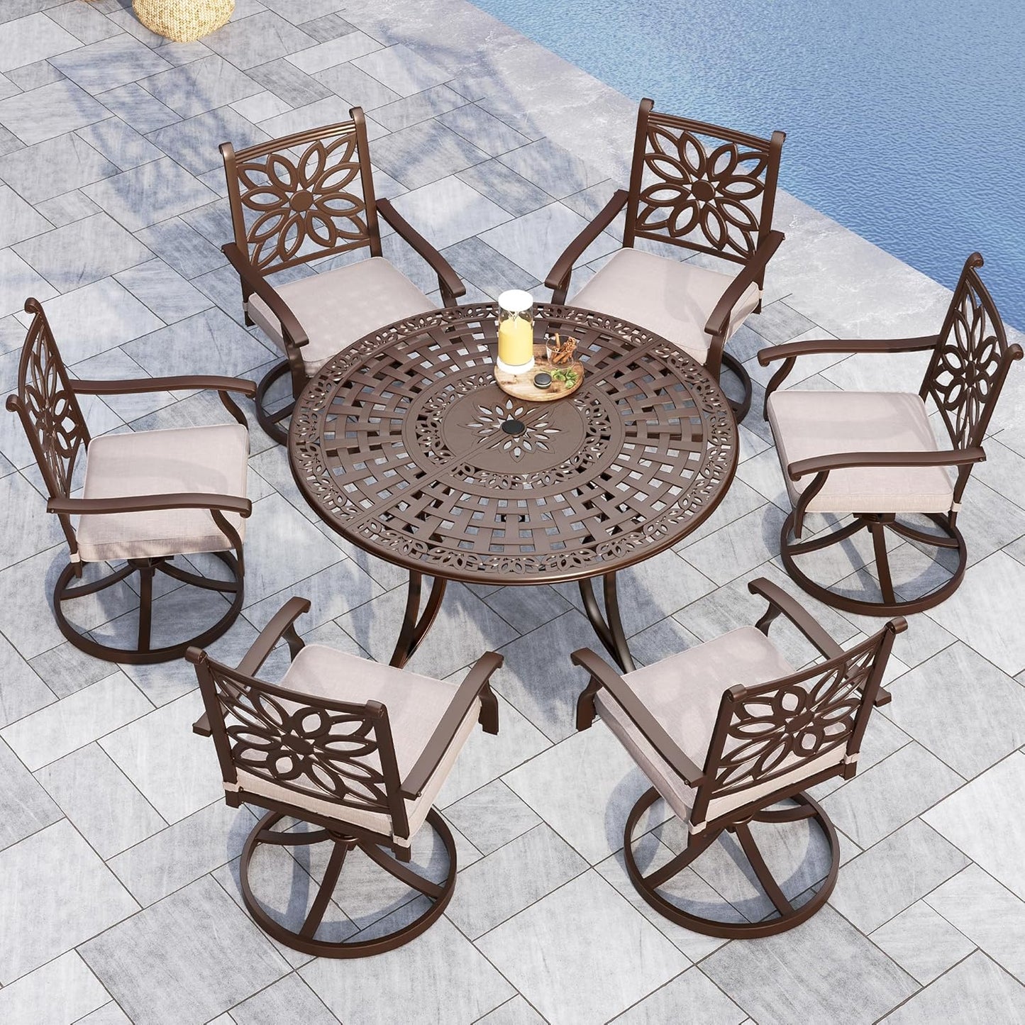 Sophia & William Outdoor Dining Table 6-Person Round Cast Aluminium, Patio Bistro Table with 2.2" Umbrella Hole for Porch Backyard, Bronze
