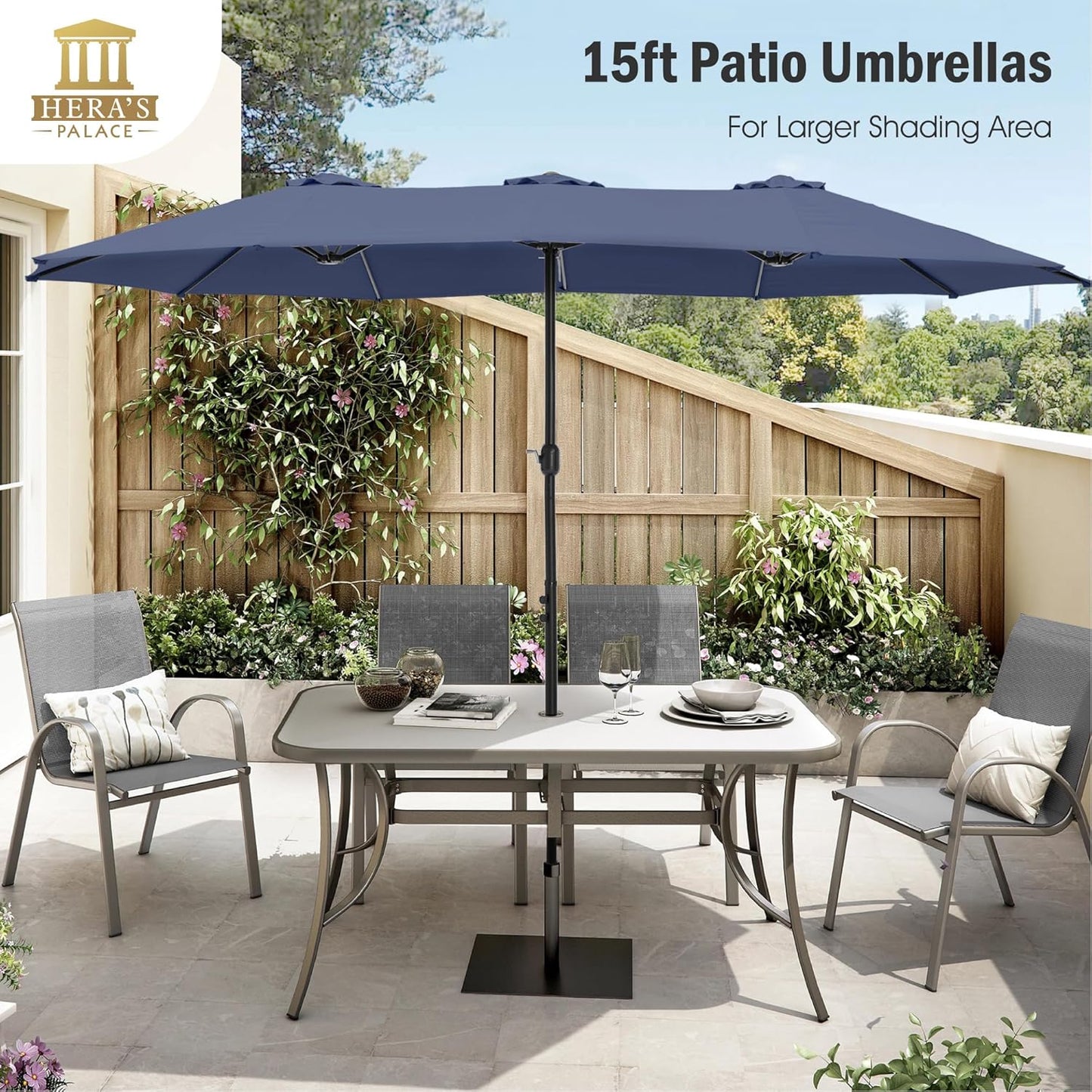 HERA'S PALACE Umbrella Patio Outdoor with Base 15ft Rectangle Table Double Market Umbrellas Clearance Large Heavy Duty Included Stand for Deck Outside Pool Picnic Inground Yard Commercial, Navy Blue