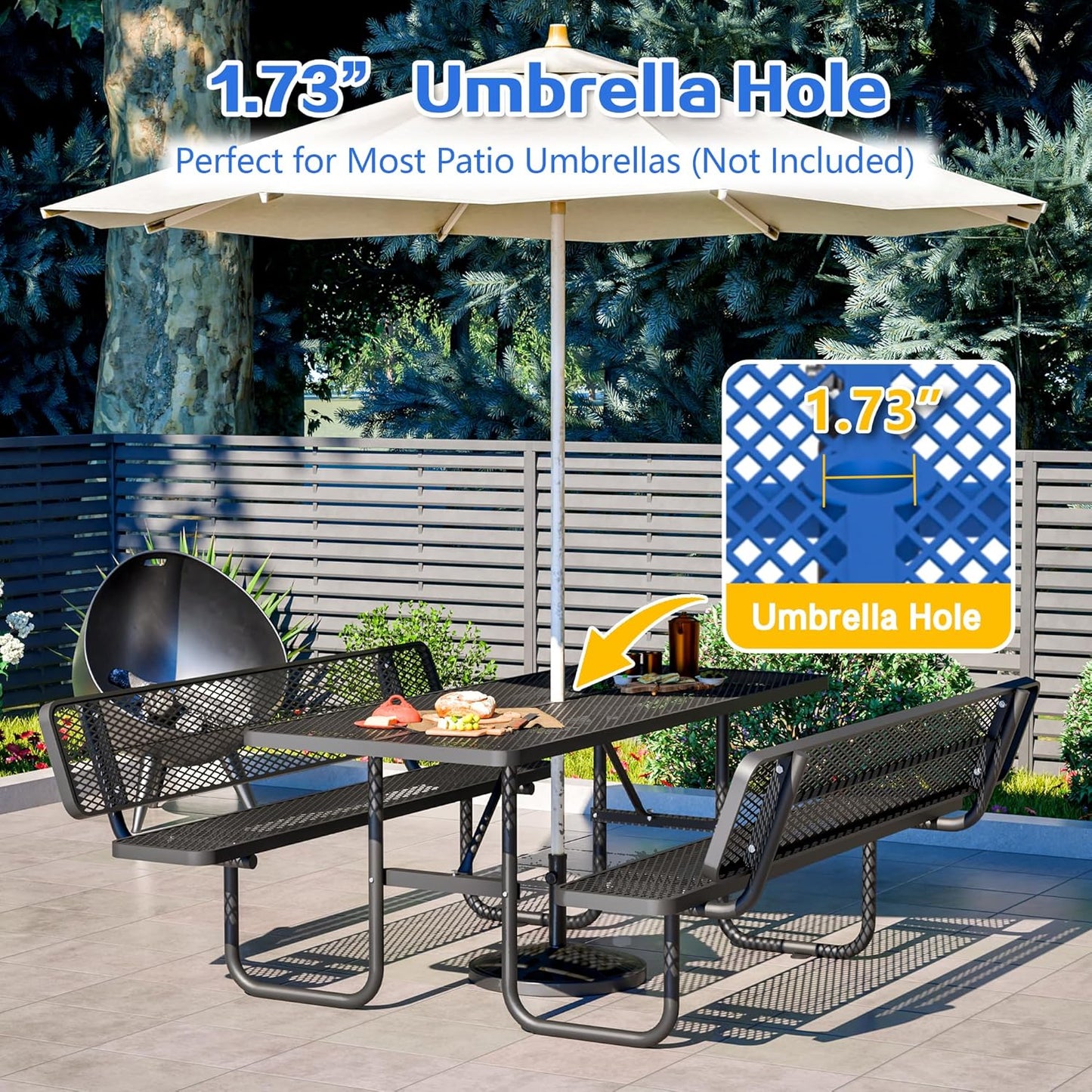 72" Outdoor Expanded Metal Picnic Table with Backrest, Heavy Duty Rectangular Patio Table with Umbrella Hole for BBQ Lawn Park Backyard Garden Commercial, Thermoplastic Coating, Blue