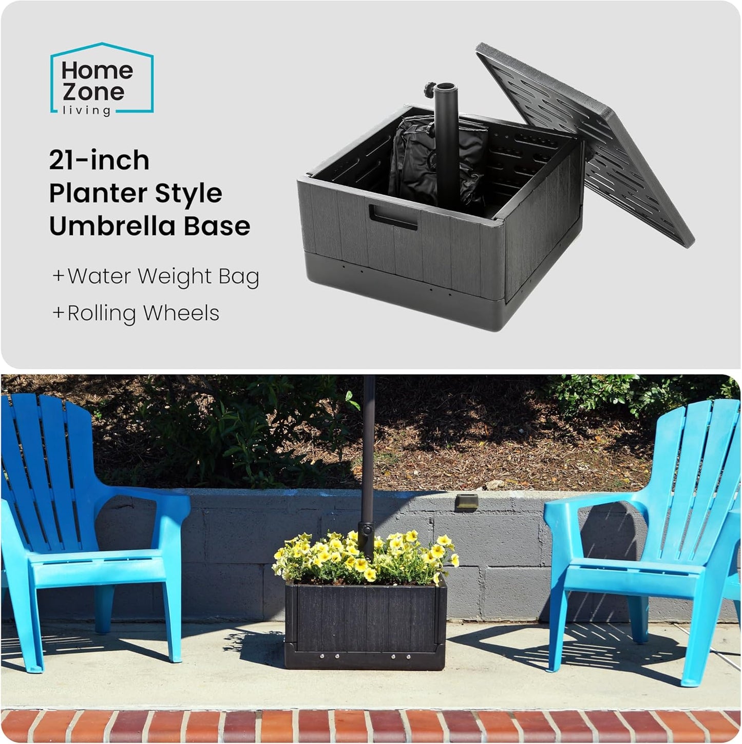 Home Zone Living 119lbs 21" Square Heavy Duty Planter Umbrella Base w/Rolling Wheels & Water Weight Bag for Patio Pool Backyard, Convertible as Table or Planting Box, Supports Up to 11 Ft Umbrella