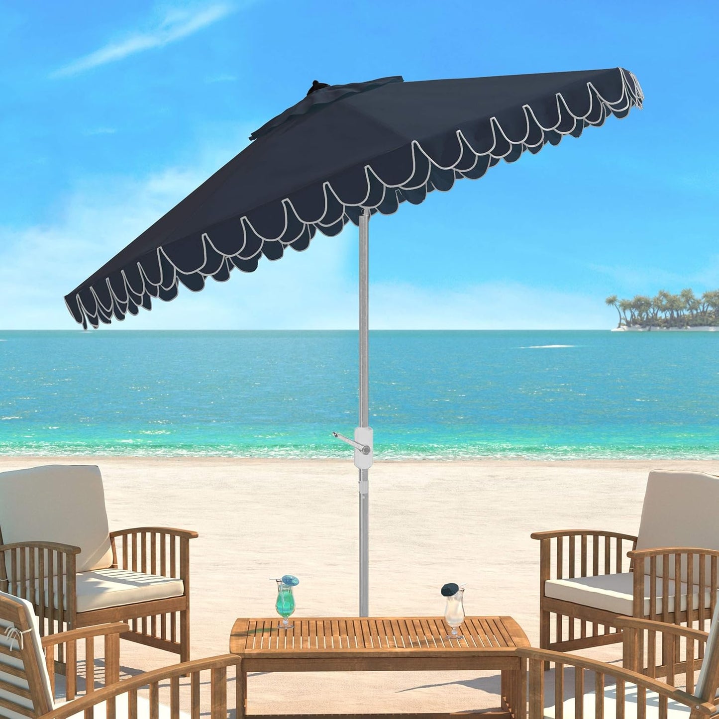 SAFAVIEH PAT8006A Outdoor Collection Elegant Valance Auto Tilt Umbrella, 9', Navy/White