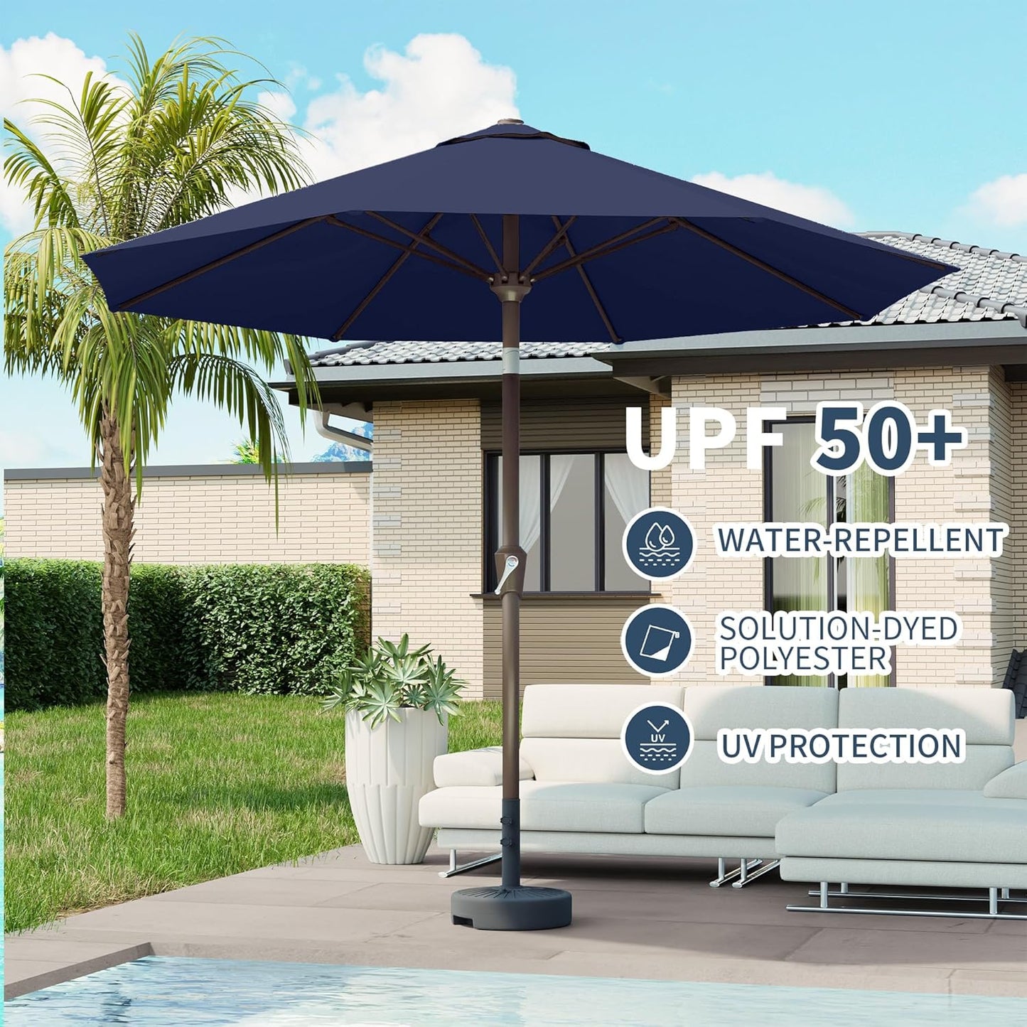 PatioKingdom 10FT Patio Umbrella with Push Button Tilt and Crank, Outdoor Market Umbrella with 8 Fiberglass Ribs, UV Protection Table Umbrella for Pool,Backyard,Garden,Deck(Navy, 10FT)