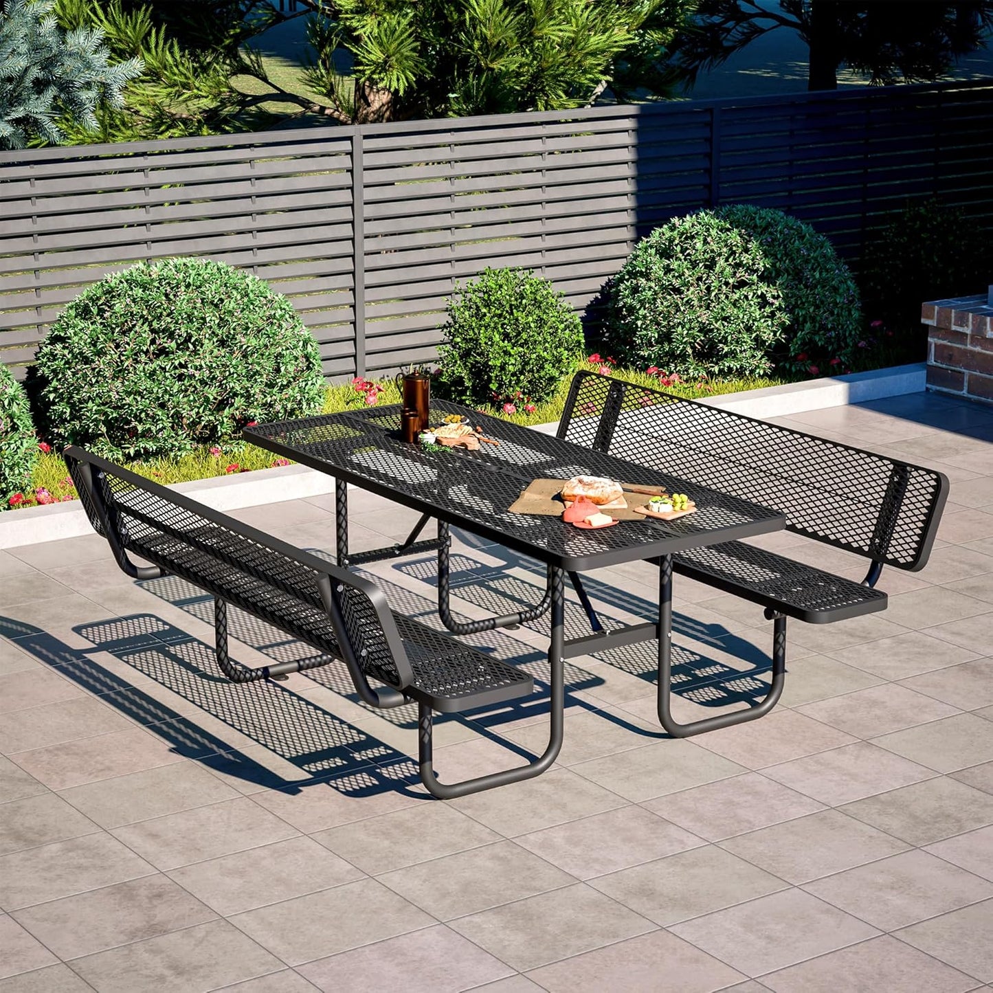 72" Picnic Table for Outdoors, Metal Picnic Table with 2 Built-in Benches, 1 Umbrella Pole, Heavy-Duty Structure for Patio, Garden, Courtyard and BBQ, Blue