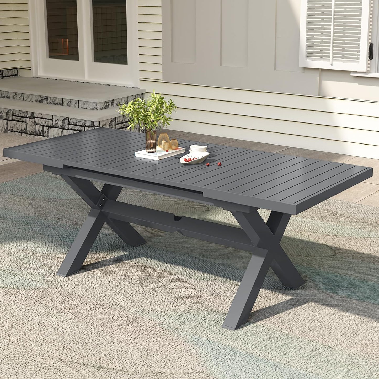 TWT Expandable Table Dining Set for 6 to 10, Aluminum Outdoor Dining Table, Rectangular Patio Metal Table with Umbrella Hole for Backyard Porch, Poolside & Garden, Easy Assembly, Dark Grey