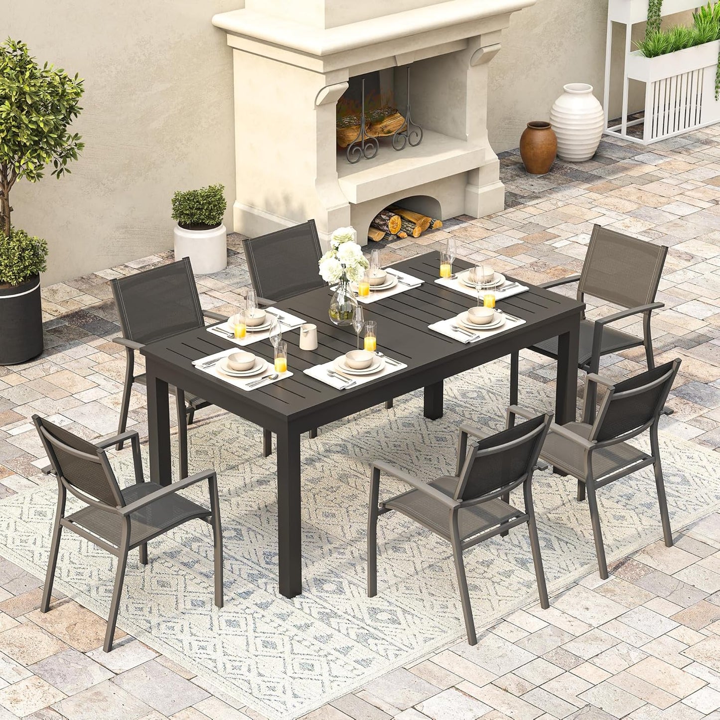 RoyalCraft Patio Expandable Table Dining Set for 4 to 10, Aluminum Outdoor Dining Table, Rectangular Patio Metal Table with Umbrella Hole for Backyard Porch, Deck ? Garden, Easy Assembly, Dark Grey