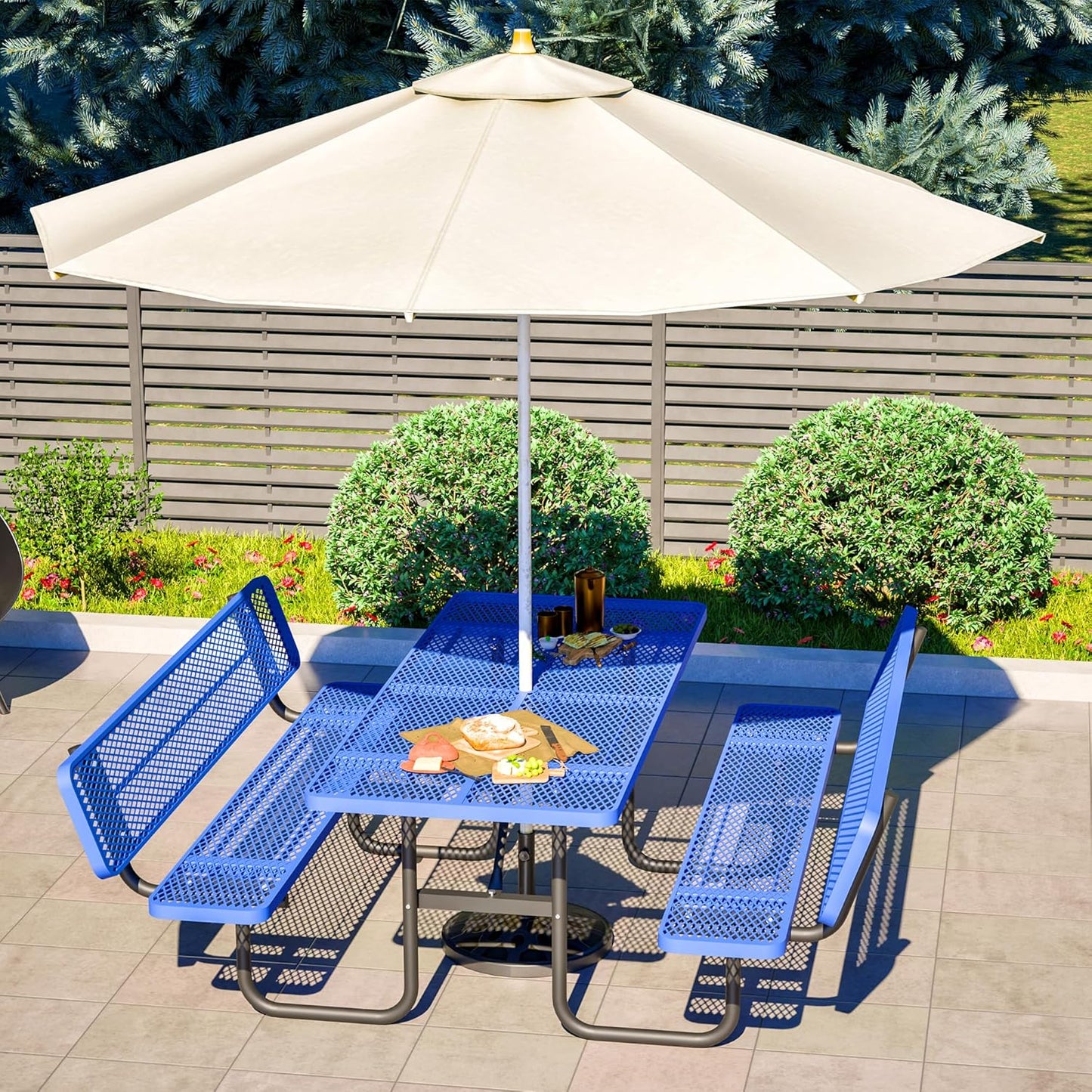 72" Outdoor Expanded Metal Picnic Table with Backrest, Heavy Duty Rectangular Patio Table with Umbrella Hole for BBQ Lawn Park Backyard Garden Commercial, Thermoplastic Coating, Blue