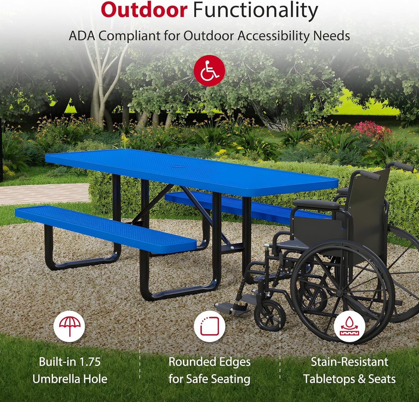 Heavy-Duty 8 Foot ADA Accessible Picnic Table, 72" Bench Seats, Portable, Made with Heavy-Gauge Metal, Durable Thermoplastic Coating, Commercial Outdoor Picnic Table, Made in The USA