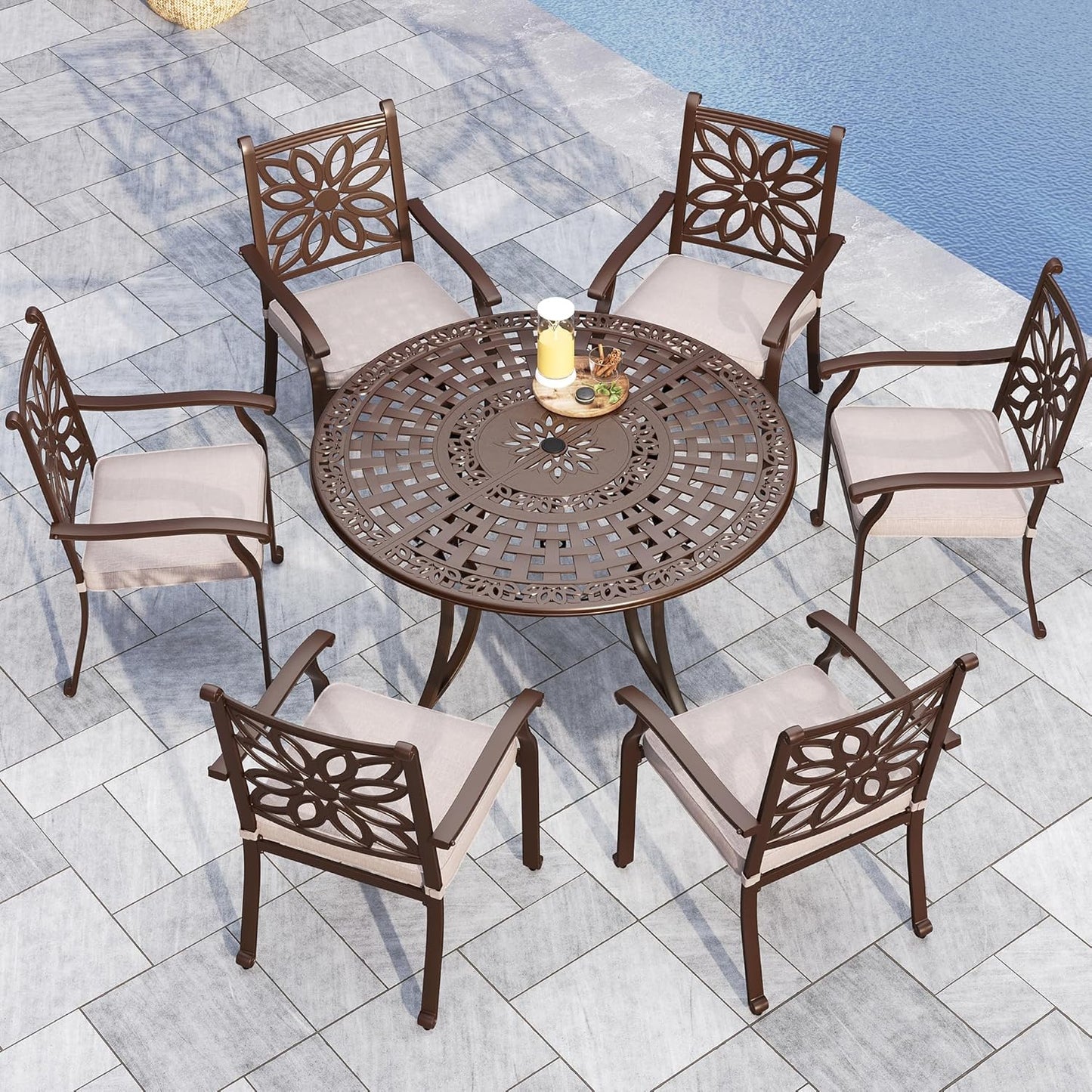 Sophia & William Outdoor Dining Table 6-Person Round Cast Aluminium, Patio Bistro Table with 2.2" Umbrella Hole for Porch Backyard, Bronze
