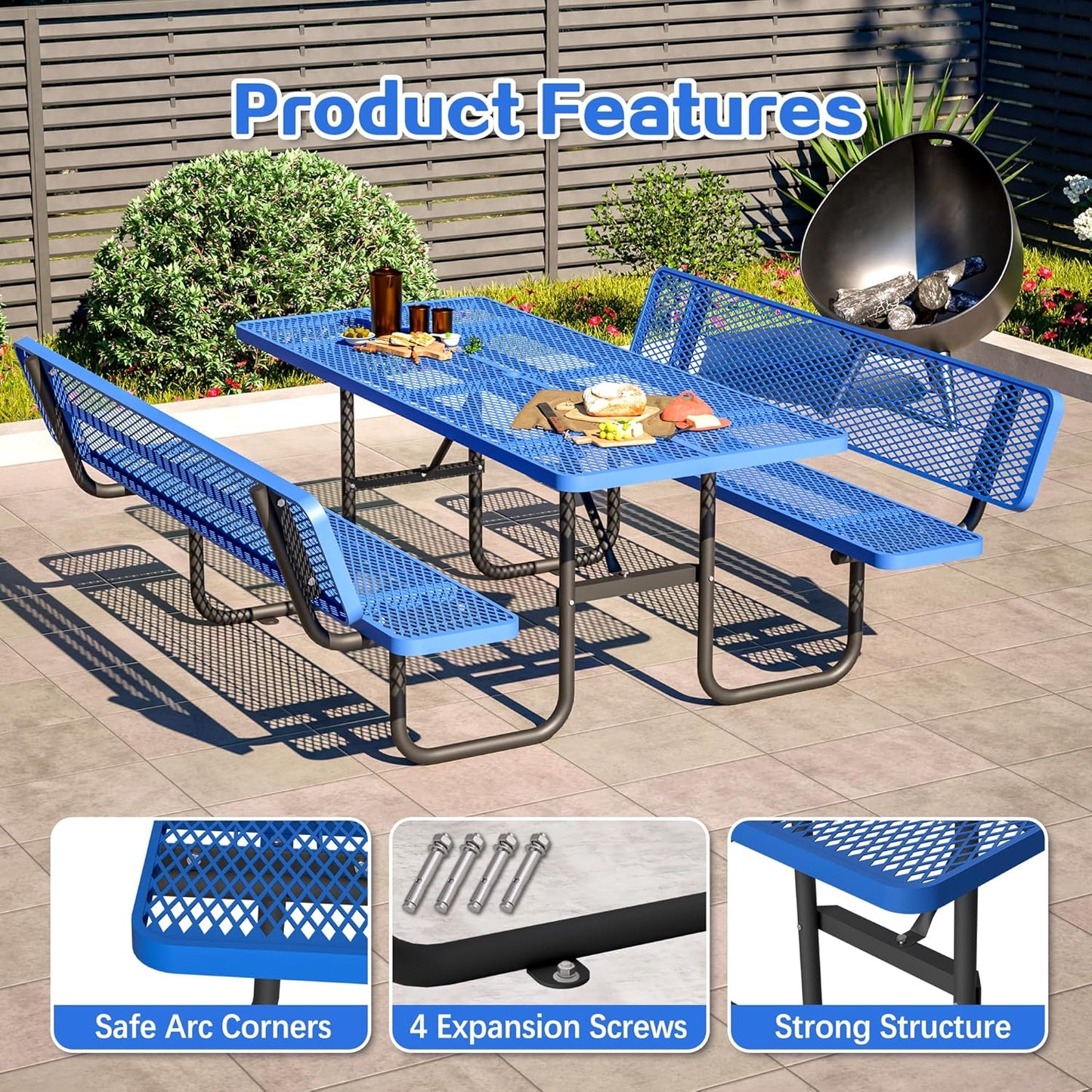 72" Outdoor Expanded Metal Picnic Table with Backrest, Heavy Duty Rectangular Patio Table with Umbrella Hole for BBQ Lawn Park Backyard Garden Commercial, Thermoplastic Coating, Blue