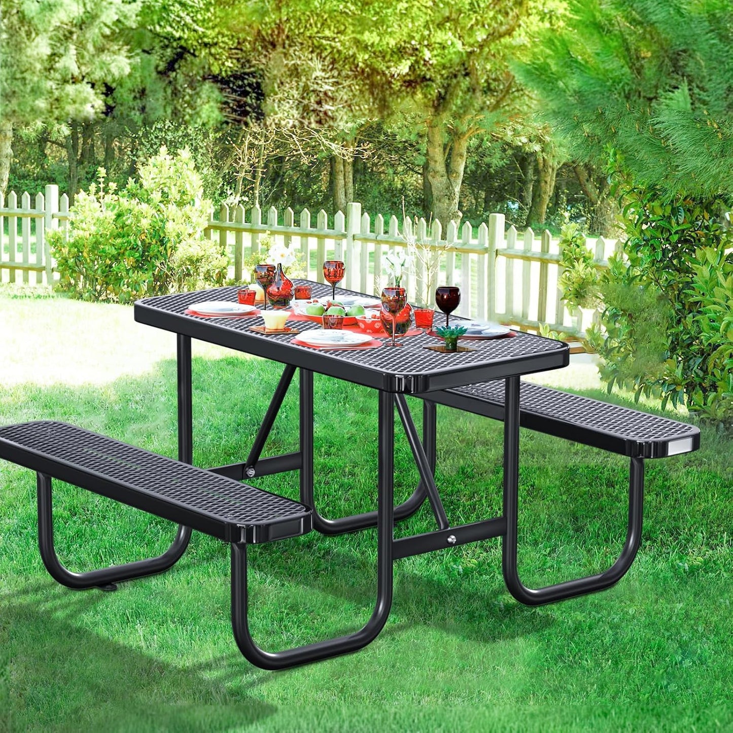 47'' Heavy Duty Picnic Round Table with Umbrella Hole, Expanded Meta Outdoor Metal Patio Dining Table Park Bench Set, Steel Mesh Outdoor Patio Furniture for Garden, Lawn, Patio, Porch, Park, Yard