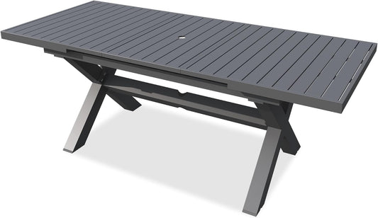 TWT Expandable Table Dining Set for 6 to 10, Aluminum Outdoor Dining Table, Rectangular Patio Metal Table with Umbrella Hole for Backyard Porch, Poolside ＆ Garden, Easy Assembly, Dark Grey