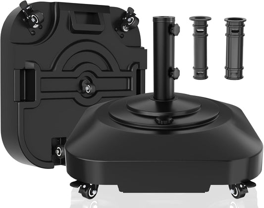 Patio Umbrella Base,Heavy Duty Umbrella Stand with 5 Wheels, Max 135lb Fillable Umbrella Holder Wind-Resistant, Mobile Square Market Stand for Outdoor, Deck, Poolside, Lawn, Fits Most Sized Umbrellas