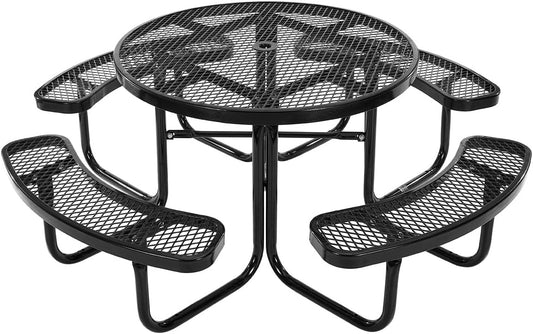 VEVOR Heavy-Duty Picnic Table, Outdoor Furniture Weather Resistant Patio Dining Set, Coated Steel Tables with Umbrella Hole, 46" Round Table and Bench Set, for Garden, Backyard, Porch (Black)