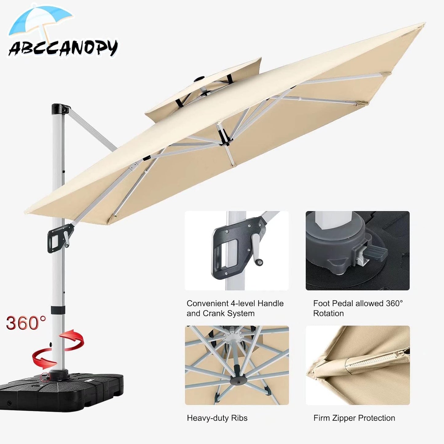ABCCANOPY Patio Umbrella Cantilever Double Top Outdoor Offset Umbrella with 360° Rotation