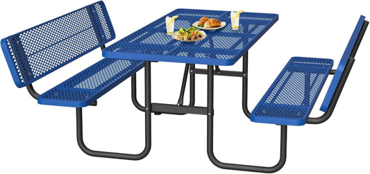 72" Outdoor Expanded Metal Picnic Table with Backrest, Heavy Duty Rectangular Patio Table with Umbrella Hole for BBQ Lawn Park Backyard Garden Commercial, Thermoplastic Coating, Blue