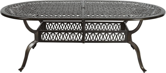 VIVIJASON Large Patio Dining Table, Outdoor Oval Dining Table Fits for 6-8 Person, Bronze Cast Aluminum Rustic Patio Table with Umbrella Hole for Balcony, Porch and Deck