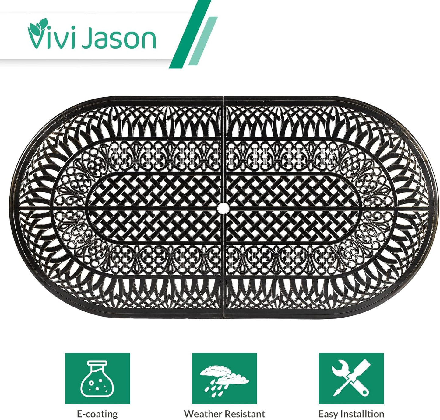 VIVIJASON Large Patio Dining Table, Outdoor Oval Dining Table Fits for 6-8 Person, Bronze Cast Aluminum Rustic Patio Table with Umbrella Hole for Balcony, Porch and Deck
