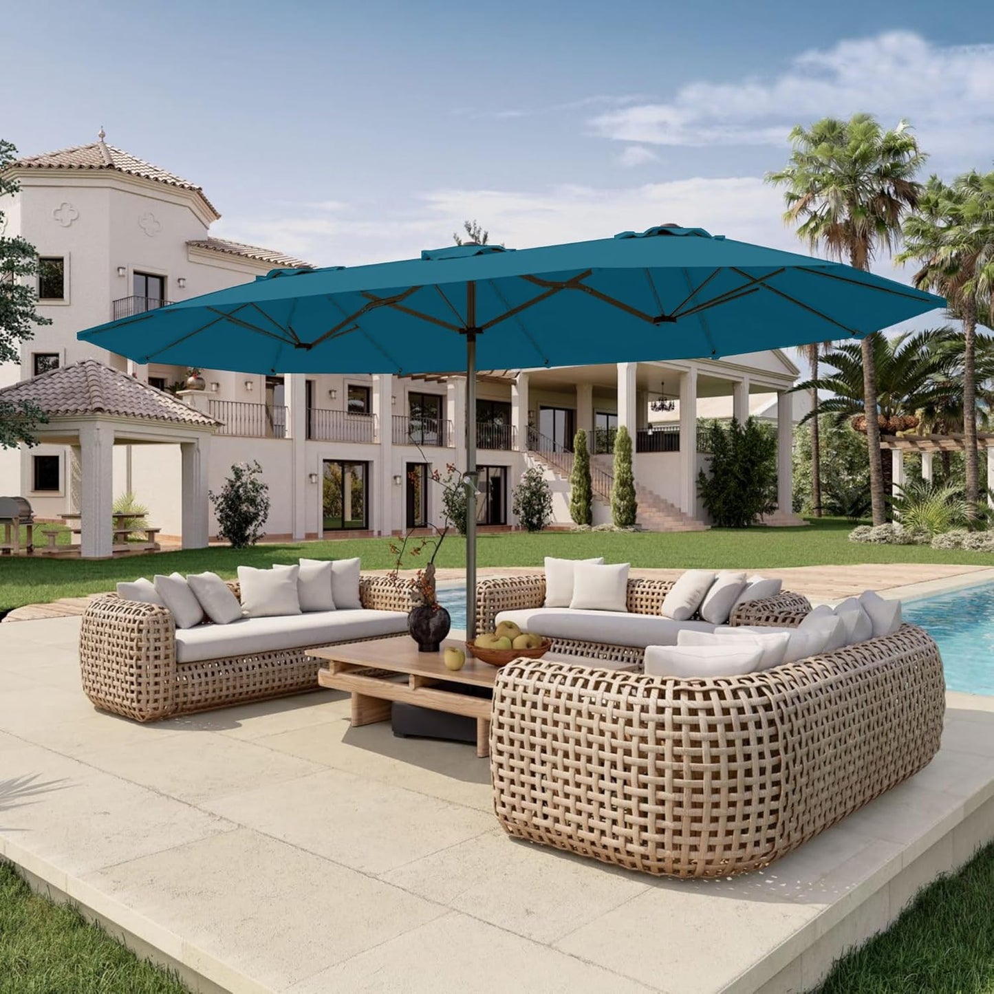 15FT Double Sided Patio Umbrella with Base Included Large Outdoor Market Umbrella with Crank Handle, UV Resistant Canopy, Sturdy Frame for Garden, Poolside, Deck, Creamy White