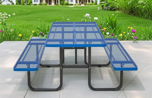 72" Picnic Table for Outdoors, Metal Picnic Table with 2 Built-in Benches, 1 Umbrella Pole, Heavy-Duty Structure for Patio, Garden, Courtyard and BBQ, Blue