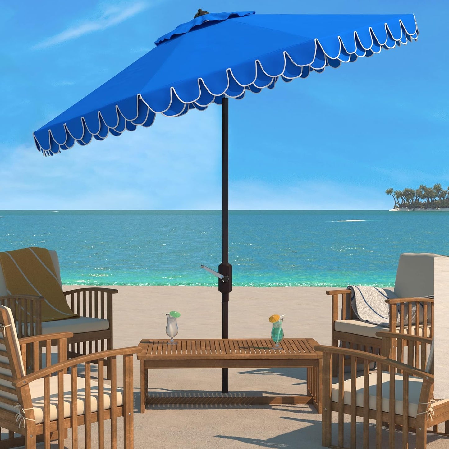 SAFAVIEH PAT8006A Outdoor Collection Elegant Valance Auto Tilt Umbrella, 9', Navy/White