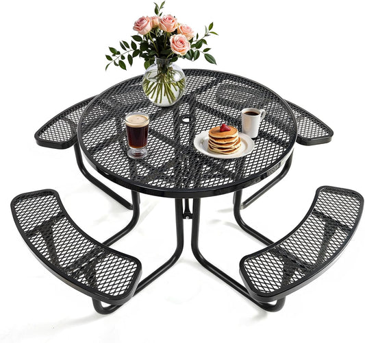 47'' Heavy Duty Picnic Round Table with Umbrella Hole, Expanded Meta Outdoor Metal Patio Dining Table Park Bench Set, Steel Mesh Outdoor Patio Furniture for Garden, Lawn, Patio, Porch, Park, Yard