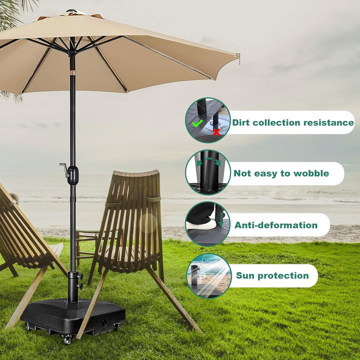 DZ4733 MS Patio Umbrella Base Heavy Duty with Wheels Square Market Stand for Outdoor 4 Locks 1 Knobs 125lb Capacity, Black