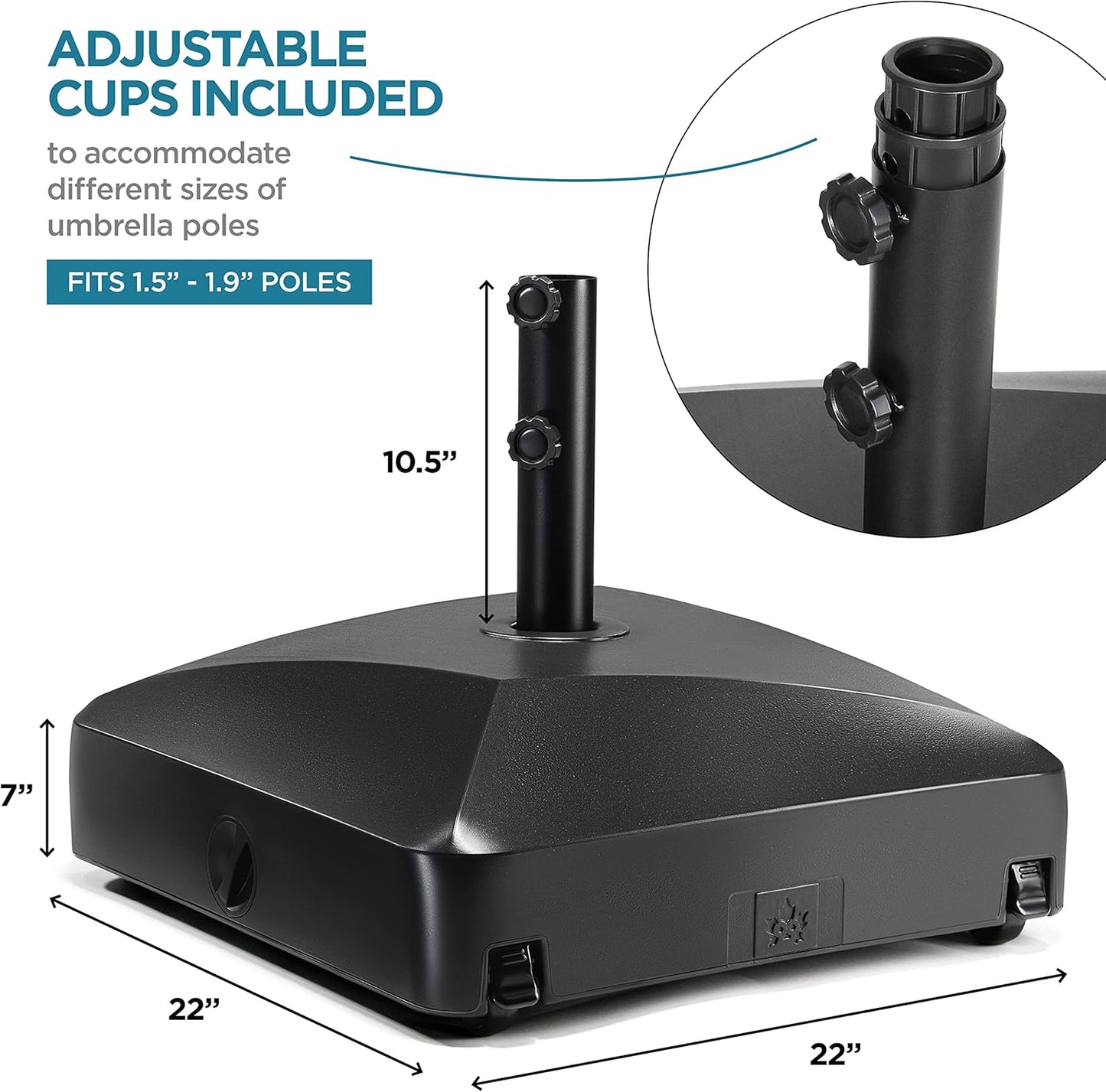 Umbrella Base - Fillable Umbrella Pole Holder 2 Knobs, with Heavy Duty Windproof Design for Patio, Deck, Poolside, Garden. 4 Wheels, 2 Locks, Holds 125 lbs, Classic Black